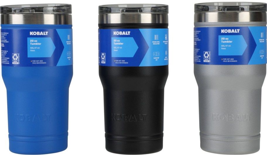 three 20oz stainless steel tumblers in three different colors displayed in a row