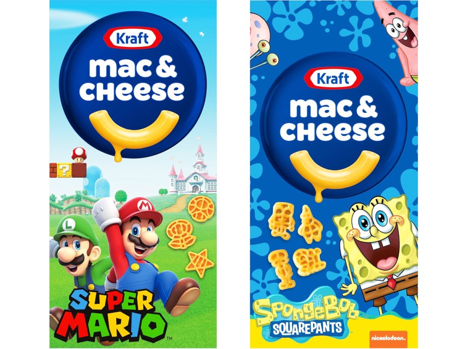 boxes of super mario & spongebob mac & cheese