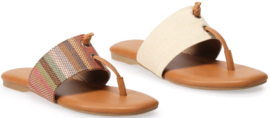 multi-color and beige thong sandals