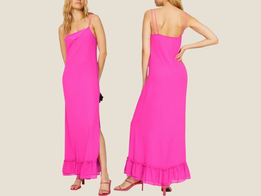 a woman in a hot pink maxi dress