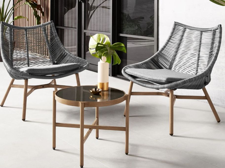 Mainstays Skyler Steel & Wicker Rope 3-Piece Chat Set on a porch