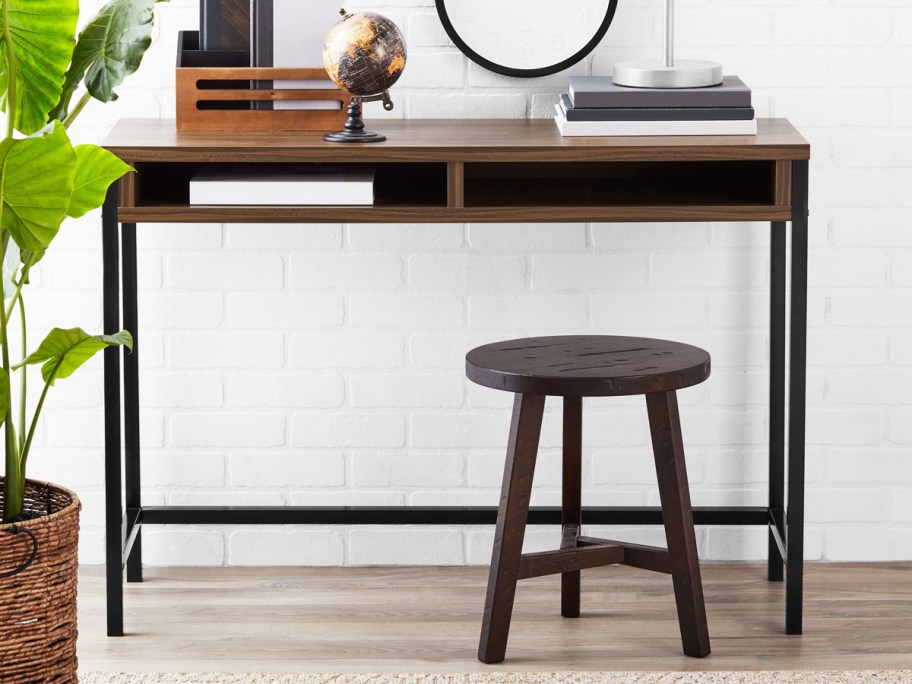 dark wood writing desk with 2 storage cubbies