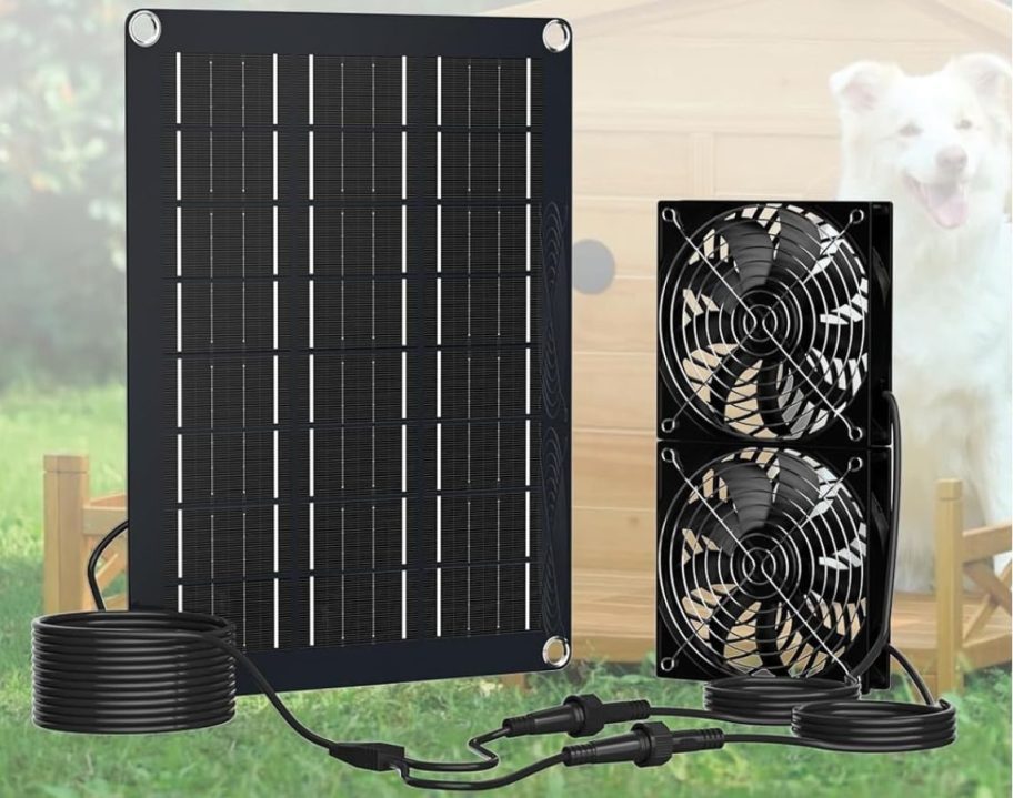 Stock image of a Marbero 4.7 Inch Solar Powered Fan Kit with solar panel and two fans