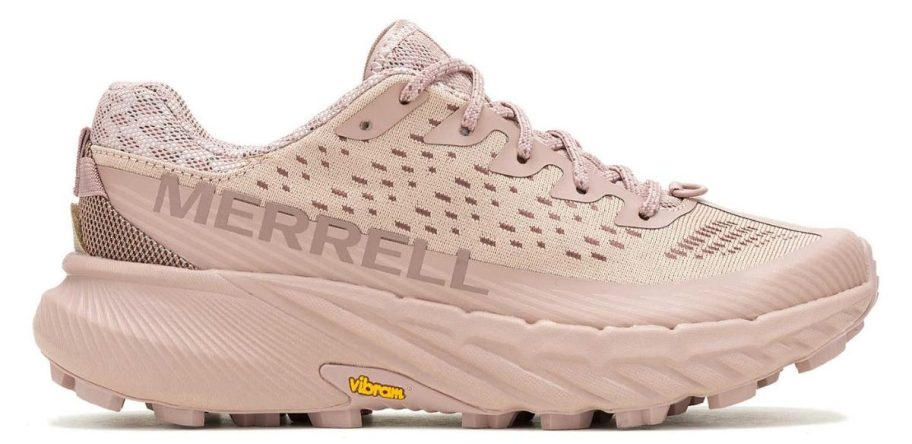 Merrell shoes in rose gold displayed on a white background