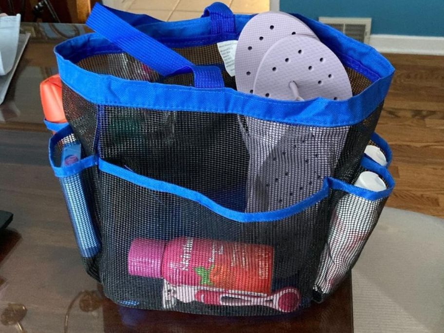 A mesh shower Caddy filled with essentials