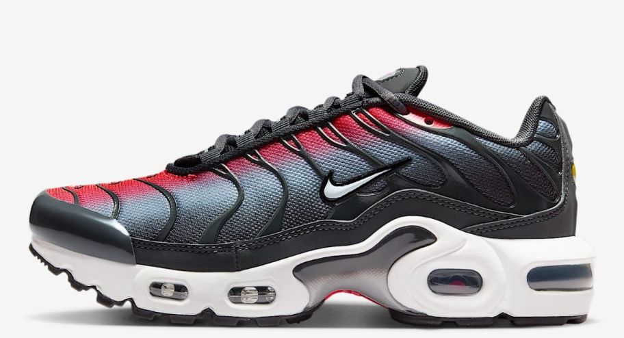 Nike Air Max Plus Big Kids' Shoes in black and red with blue accents