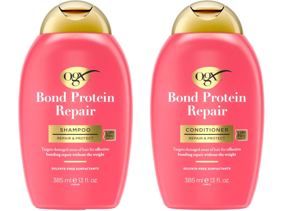 pink bottles of OGX Bond Protein Repair shampoo & conditioner