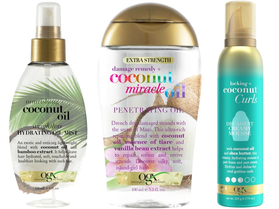 bottles of OGX coconut oil and hair mousse