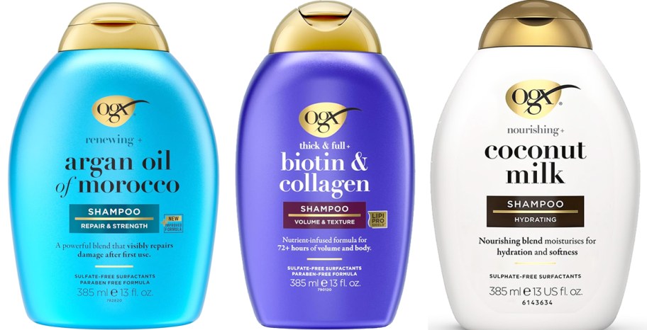 blue, purple, and white bottles of OGX Shampoos