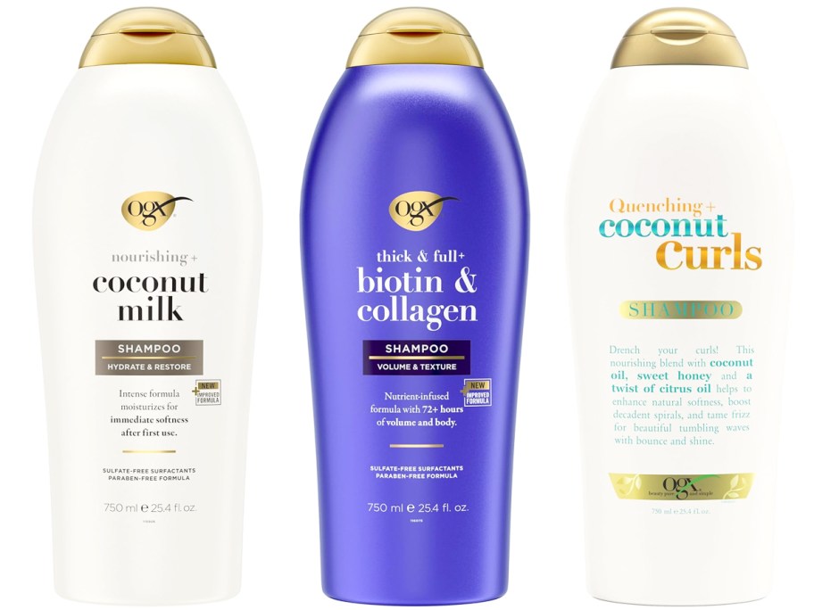 white and purple bottles of OGX Shampoos