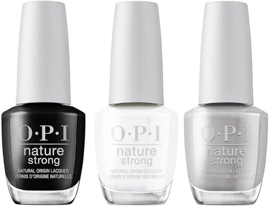 3 OPI nail polish bottles in black, white, and gray