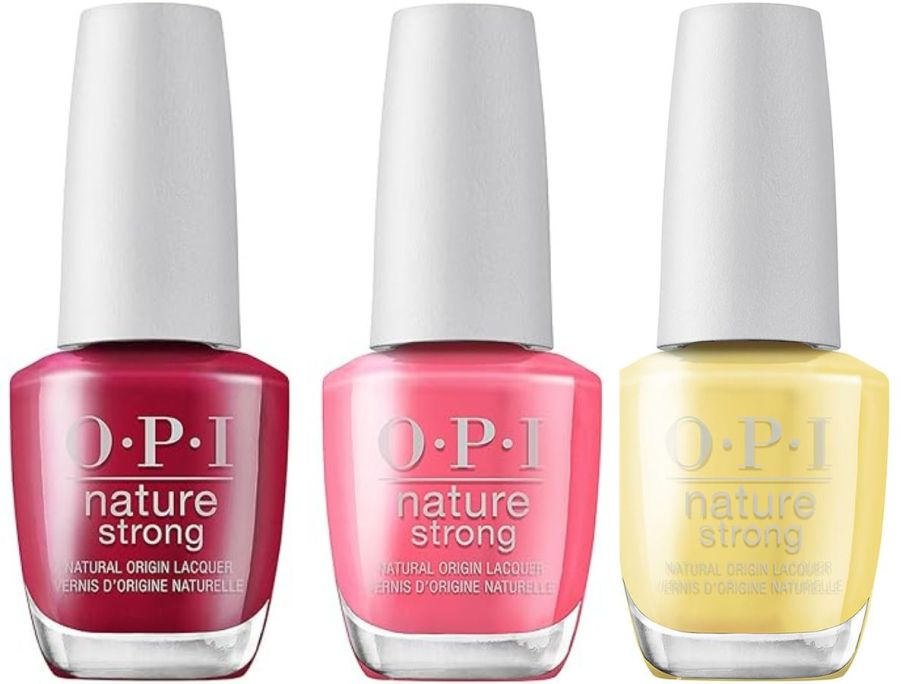 3 OPI nail polish bottles in red, orange, and yellow