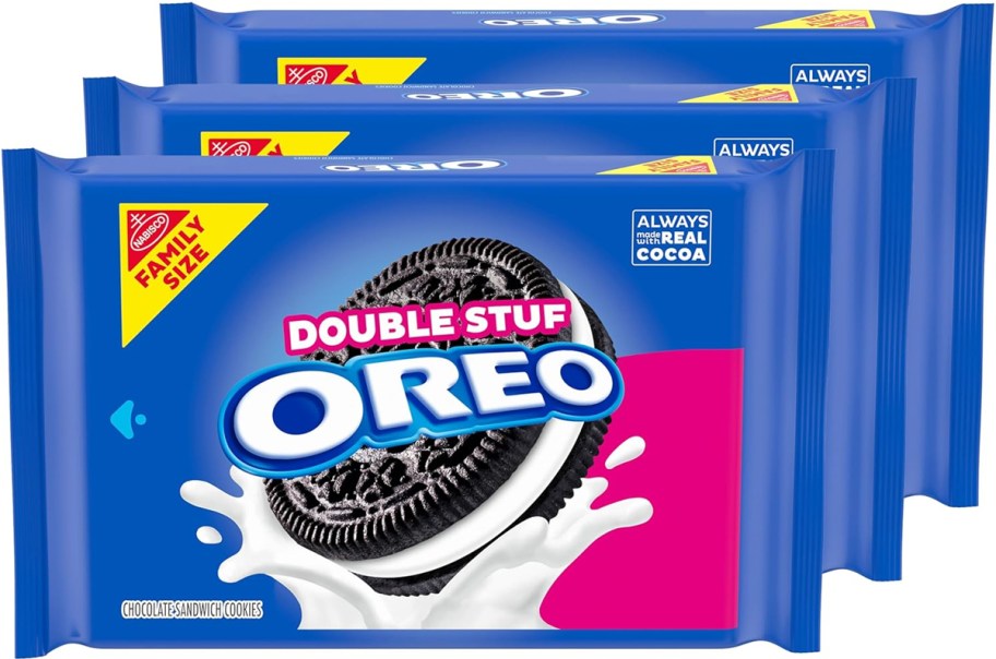 three family size packs of OREO Double Stuf cookies