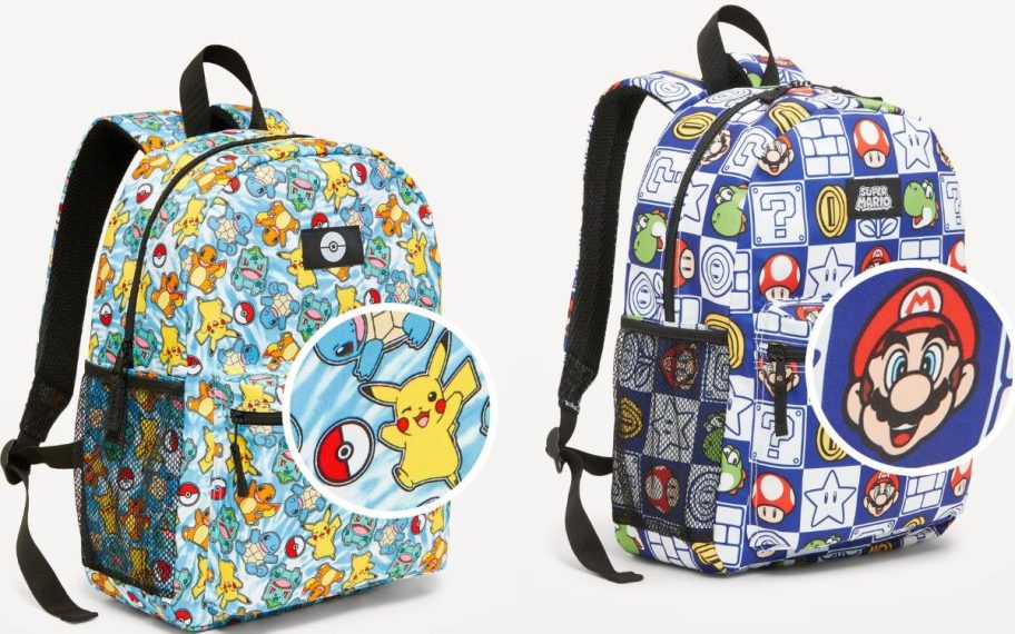 Old Navy Boy's Character Backpacks with pokemon and super mario prints