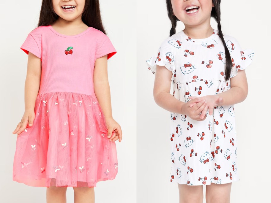 Old Navy Toddler Girl Sale Dresses being modeled by toddlers including a Hello Kitty dress