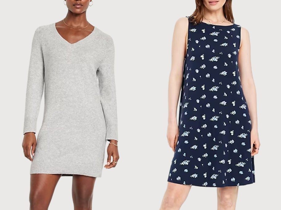 Old Navy Women’s Sale Dresses being modeled by women, including a soft sweater dress