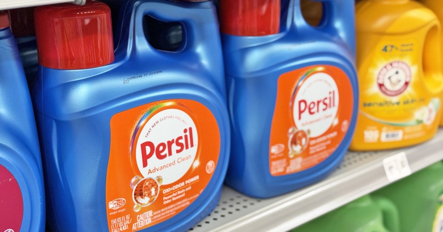 large blue jugs of Persil Advanced Clean Liquid Laundry Detergent on store shelf