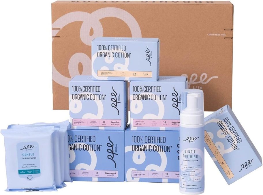 Stock image of RPE Life Feminine Care Bundle with pads, feminine wipes and cleanser