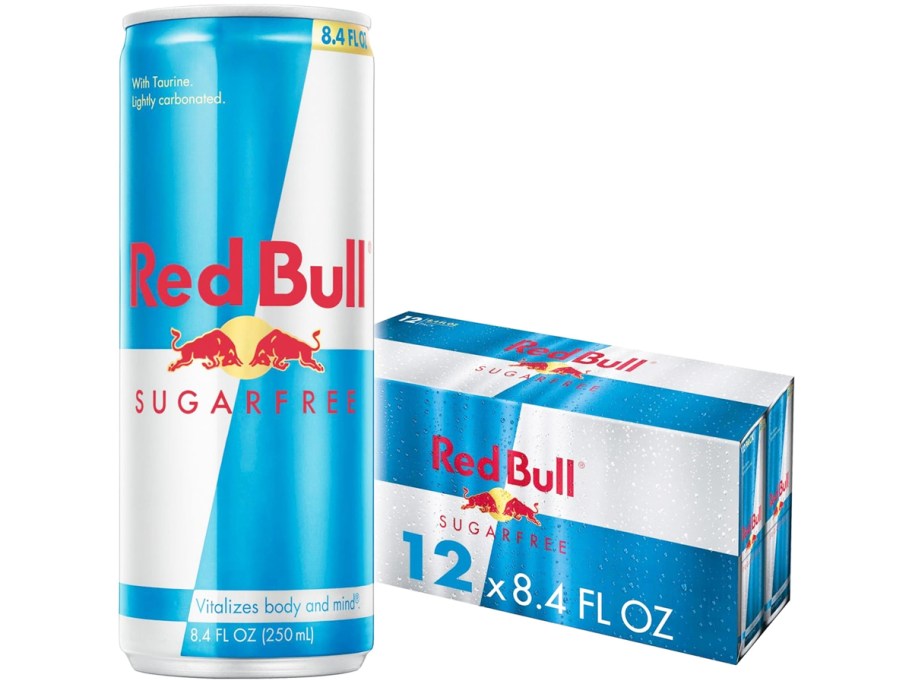 large can of Red Bull Sugar Free in front of box of cans