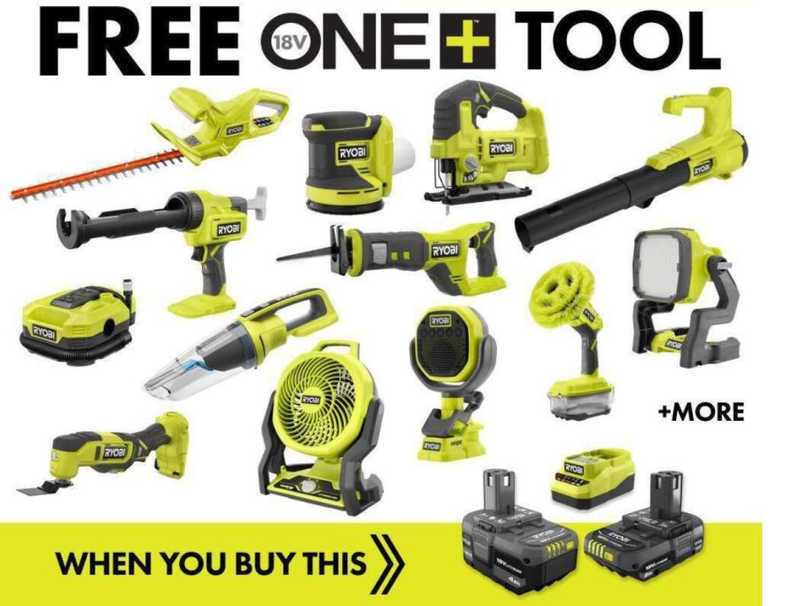 Stock images of many different Ryobi Tools & Accessories and a 3-piece battery and tool kit