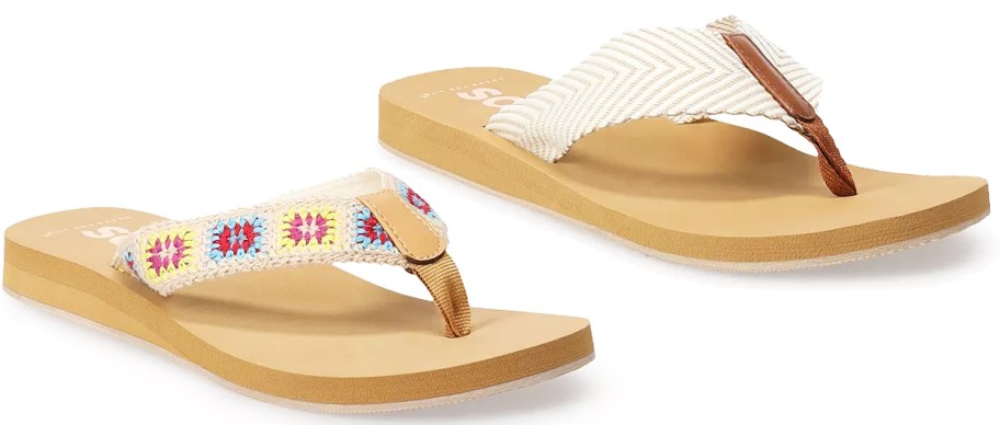crochet and herringbone print thong sandals