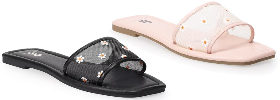 black and pink mesh slide sandals with daisy print