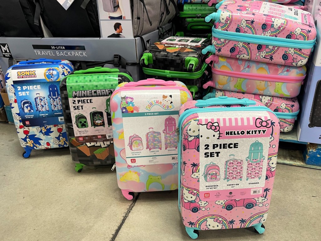 Two piece kids luggage sets on display inside Sam's Club