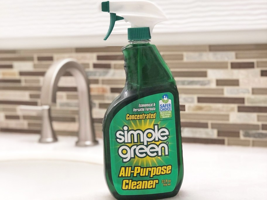 green bottle of Simple Green on bathroom counter