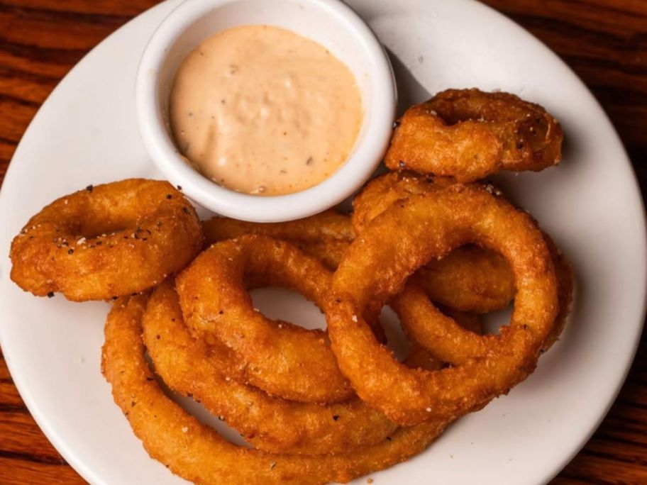 plate with onion rings from smokey bones and their signature sauce