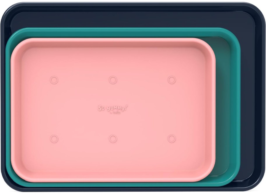 so yummy bella three piece bakeware in pink green and navy blue