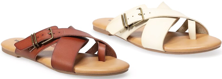 brown and white leather crossband sandals