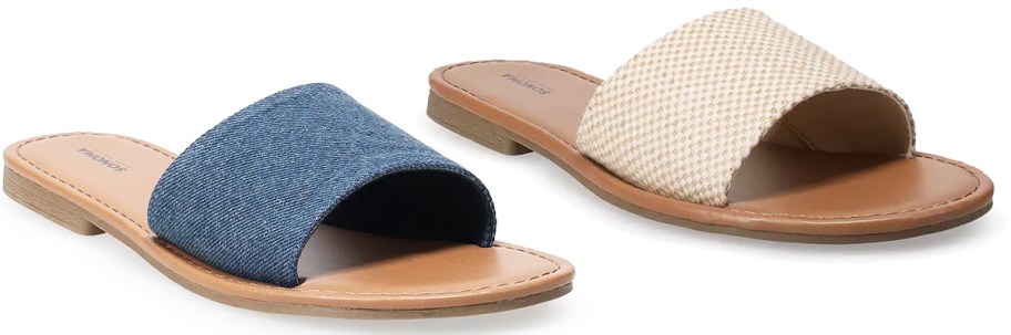 blue and beige slide sandals
