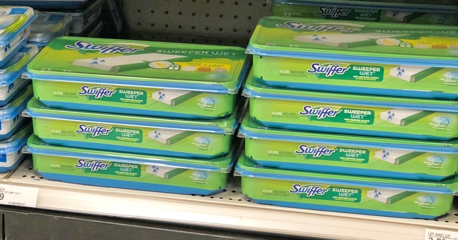 boxes of Swiffer Sweeper Refills on store shelf