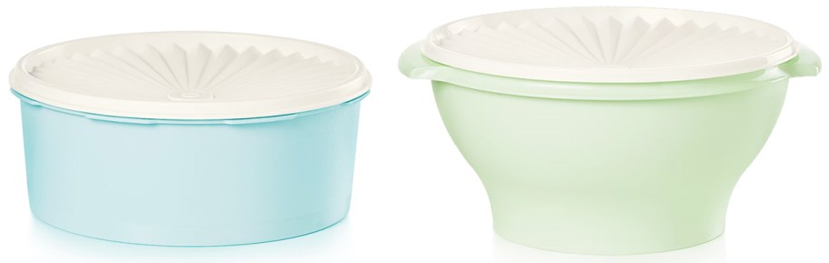 blue and green tupperware storage containers