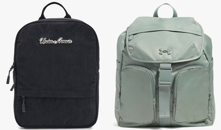 black and light green under armour backpacks