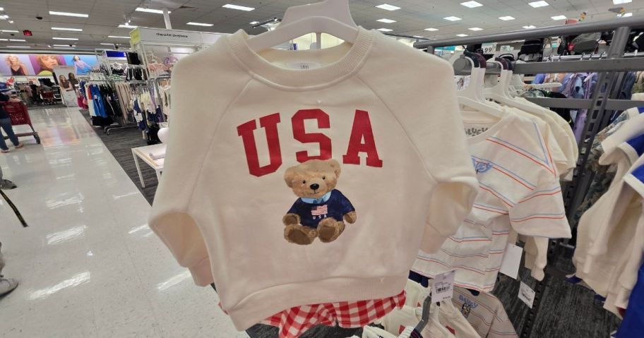 USA Teddy Bear Sweatshirt and Gingham Shorts Set in store