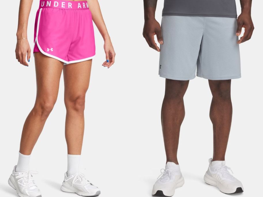 Stock images of a woman and a man wearing Under Armour Shorts
