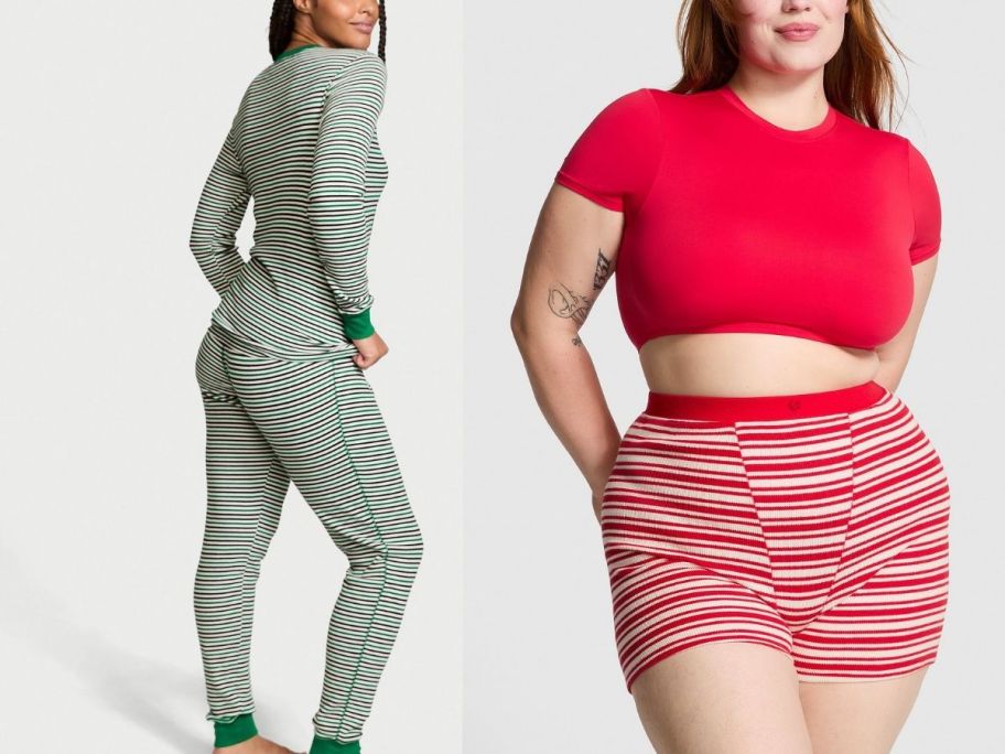 VS sleepwear two piece set in green stripes and red two piece set 