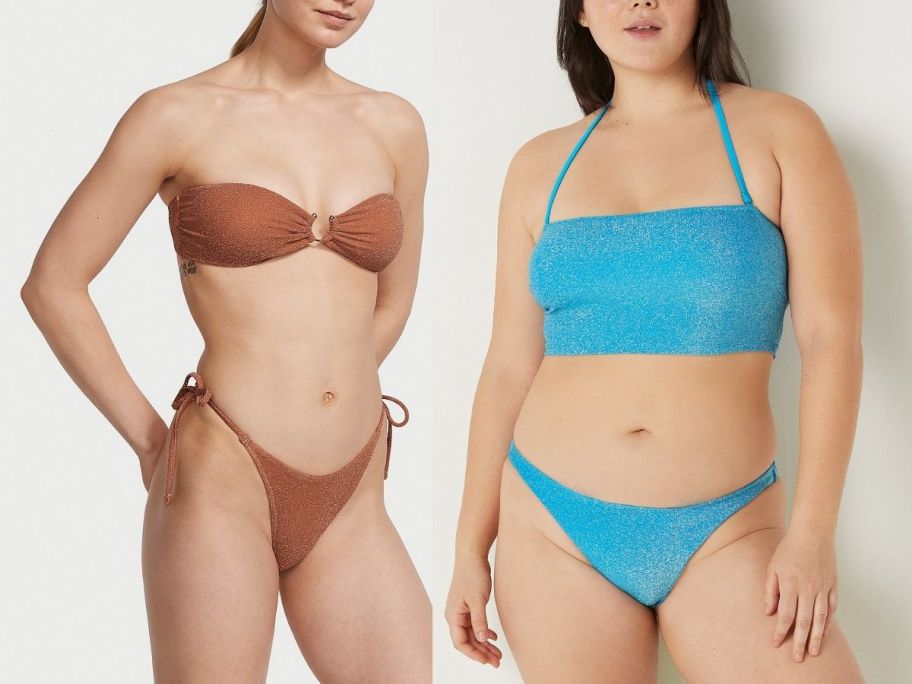 VS sale swim in brown bikini and blue tankini 