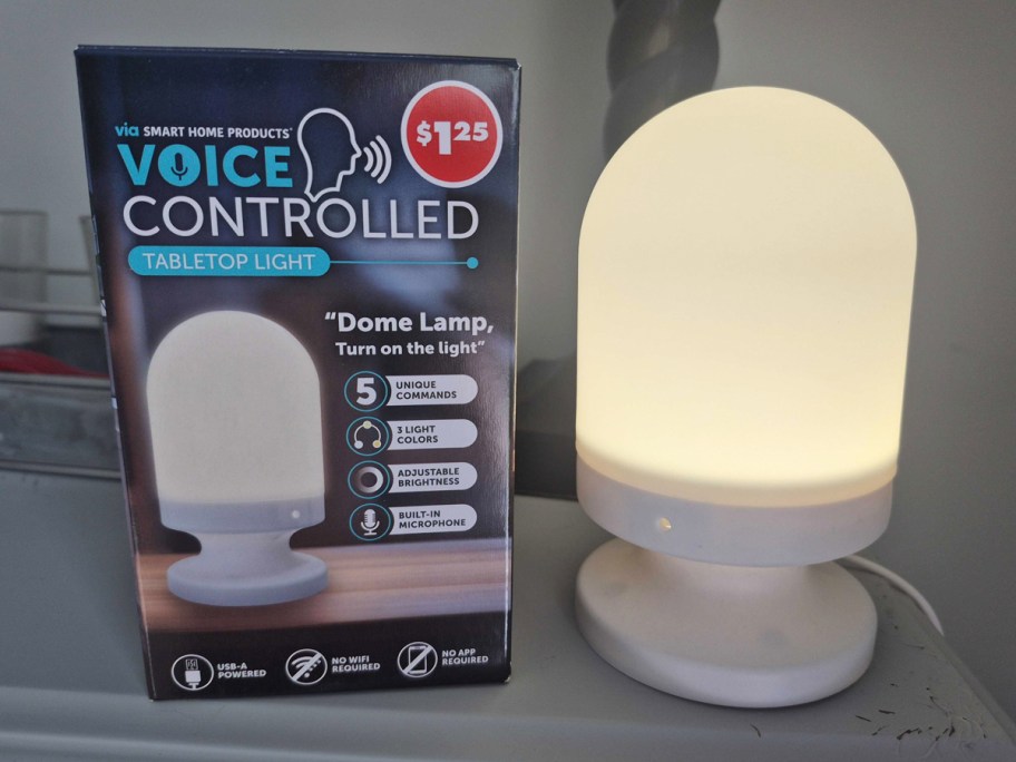 Voice-Controlled Tabletop Dome Light on table next to its box