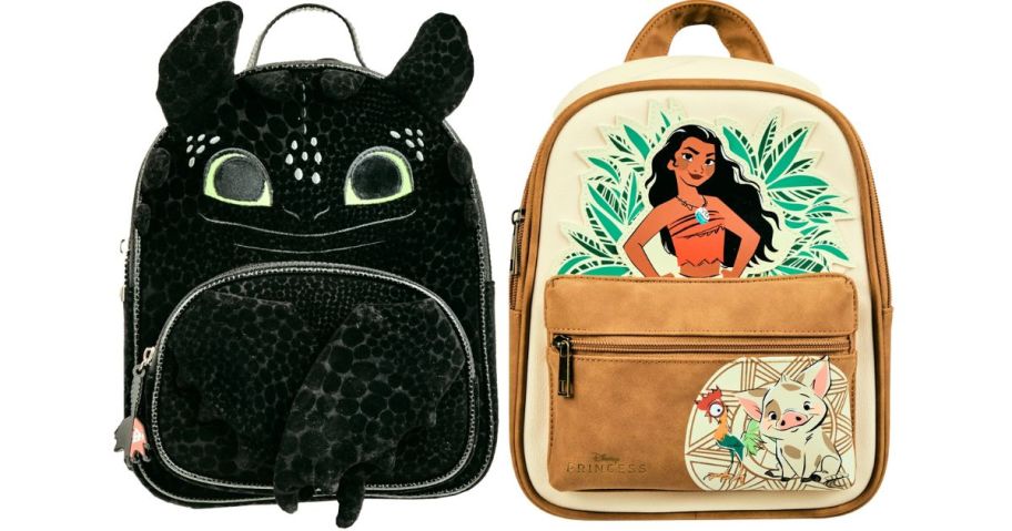 2 character mini backpacks: one with a Toothless the dragon design and the other with Moana 