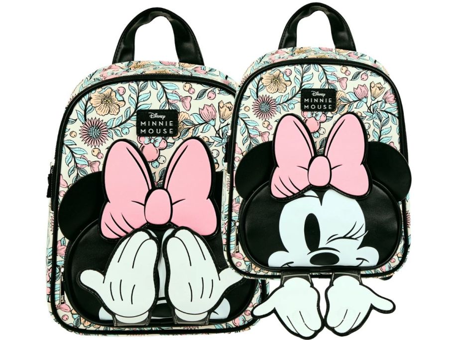 A mini Minnie Mouse backpack playing peek a boo