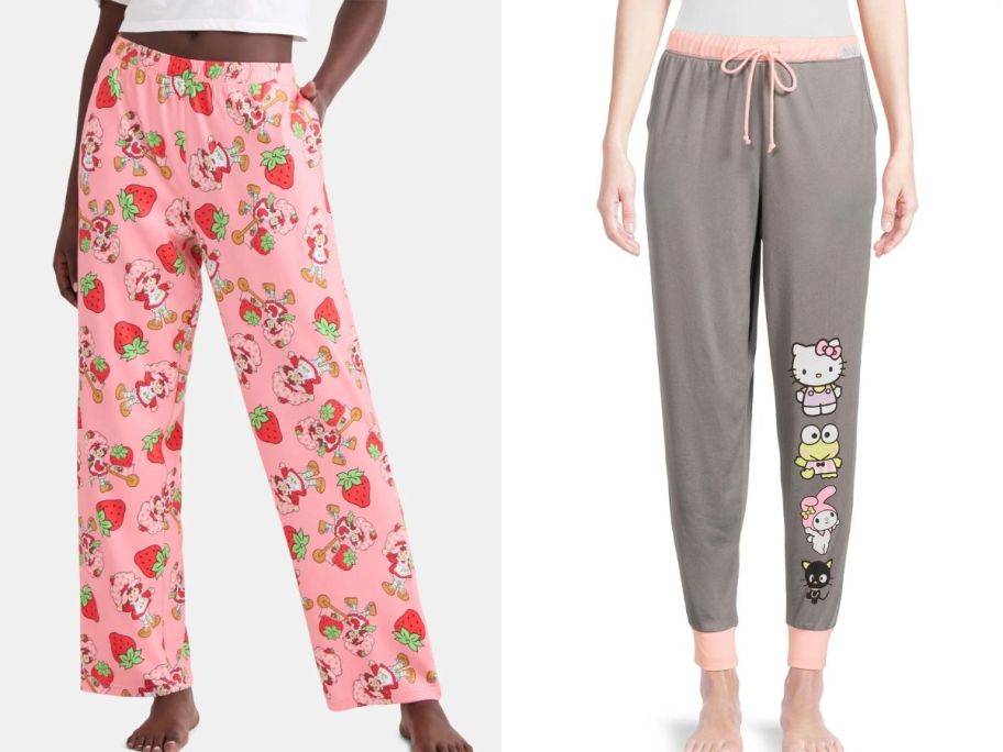 Stock images of two women wearing Strawberry Shortcake and Hello Kitty Pajama Pants