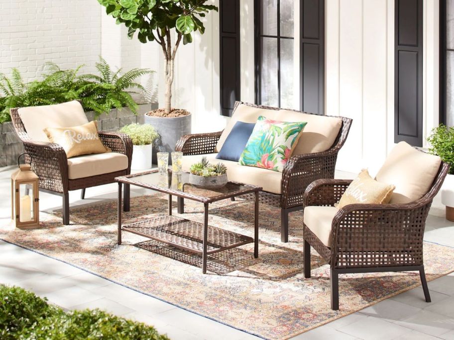 A Mainstays Tuscany Ridge Wicker Outdoor 4-Piece Conversation Set in Beige 