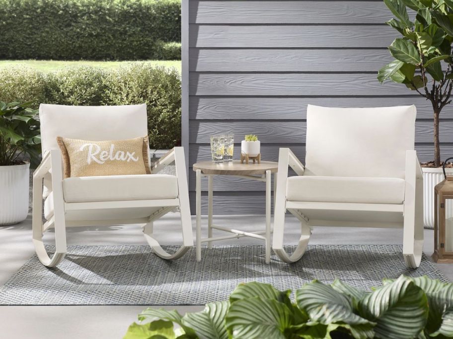 Mainstays Westmont 3-Piece Outdoor Rocker Set in White on a patio