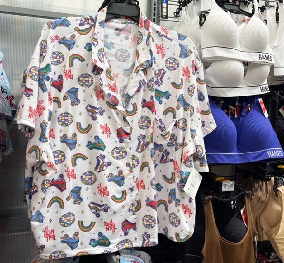 roller skate print pajama set hanging in store