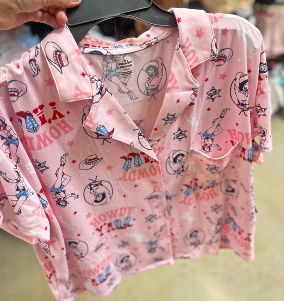 pink cowboy boots pajama set on hanger