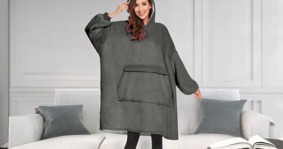 Wearable Blanket Hoodie being worn by a woman 