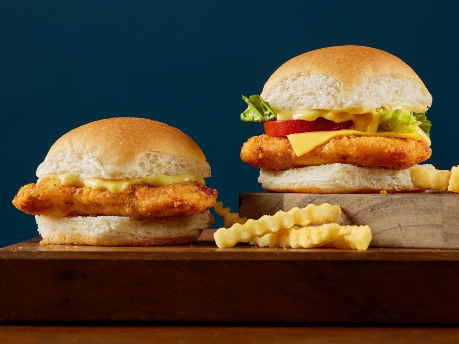 2 chicken sliders next to crinkle cut fries