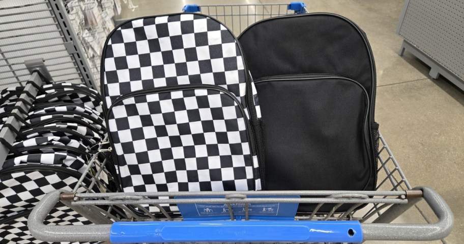 two wonder nation backpacks in checkered and solid prints in walmart cart